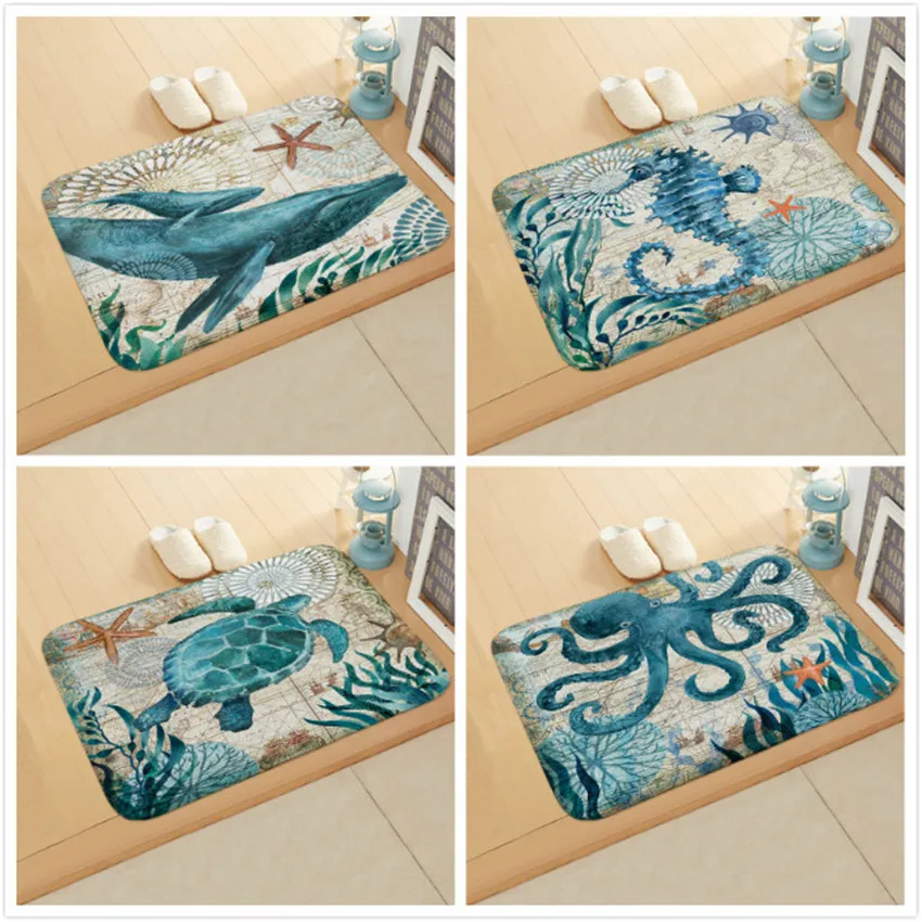 1PC Animal Anti-Slip Foor Mat Retro Marine Life Printed Whale Turtle Pattern Doormat Bathroom Water-absorbing Pads Door Mats