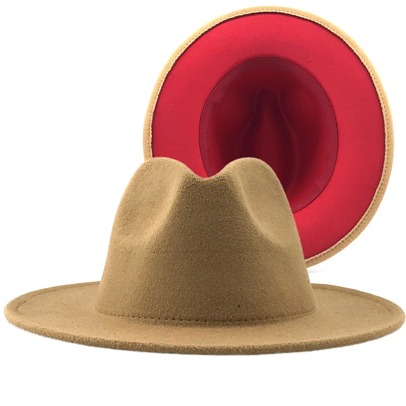 

Unisex tan New red Patchwork Felt Jazz Hat Cap Men Women Flat Brim Wool Blend Fedora Hats Panama Trilby Vintage Hat XL