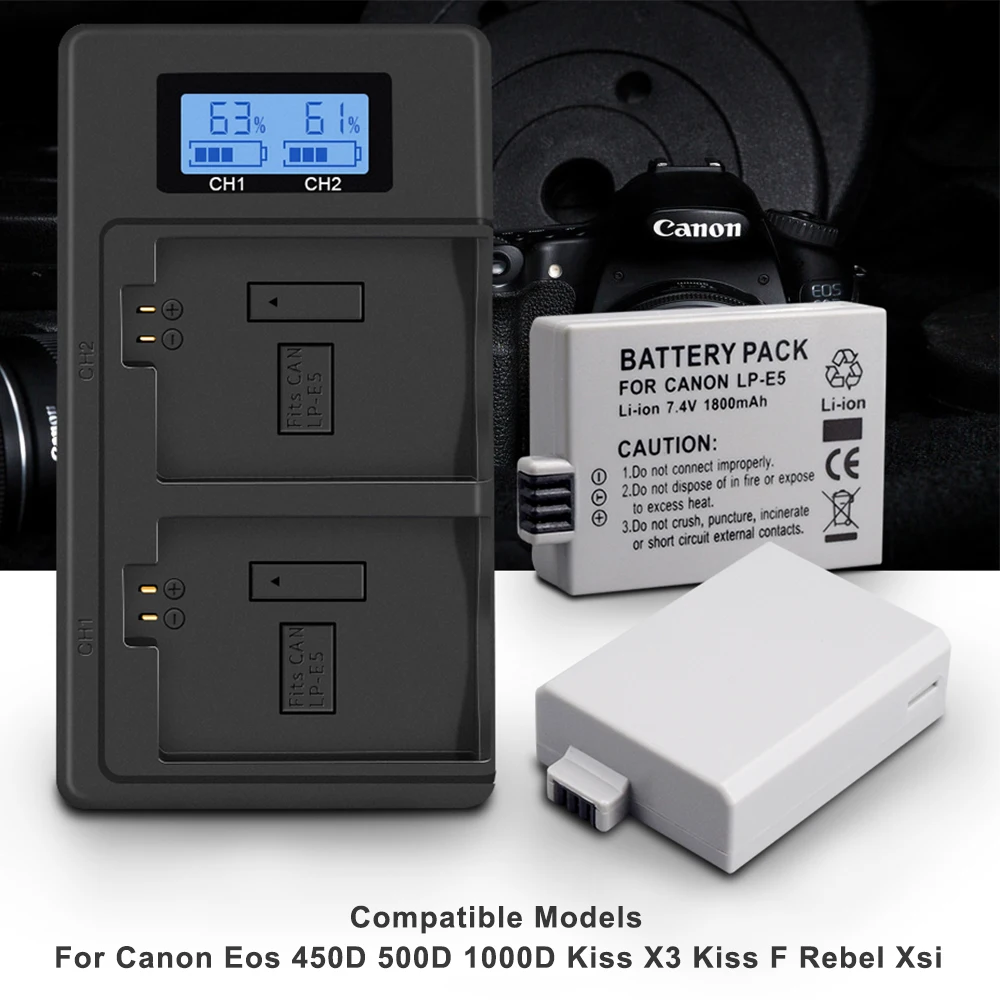 PALO LP-E5 LPE5 LP E5 Battery + LCD Dual USB Charger for Canon EOS 1000D 500D 450D Kiss X3 X2 F EOS Rebel XS XSi Rebel T1i.