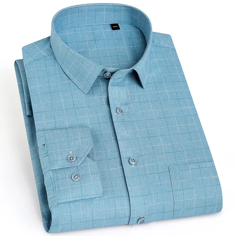 

2020 New Spring Men Shirt Long Sleeved Bomboo Fiber Formal Business Causal Plaid Print Comfortable Soft Shirt Brand DS384