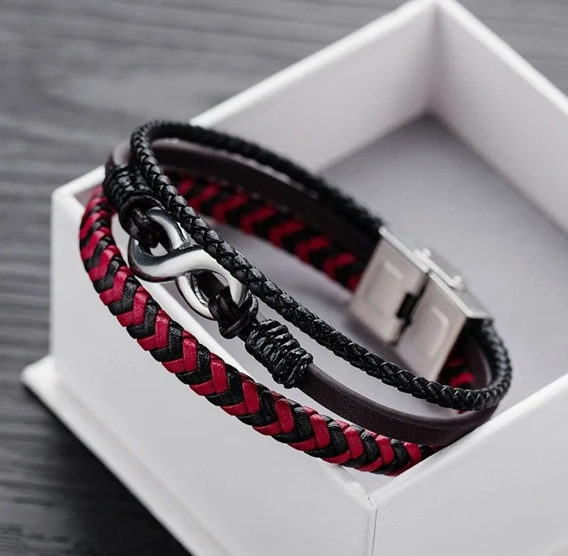 Retro fashion classic punk metal bracelet, alloy men's red and black two-color leather bracelet