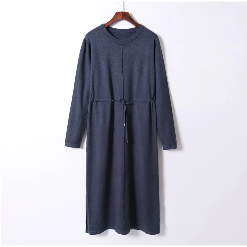 

Women's Knitted Drawstring Straight Dress O-neck Loose Elastic Waist Female Split Dresses 2020 Autumn Winter Clothes Vestidos