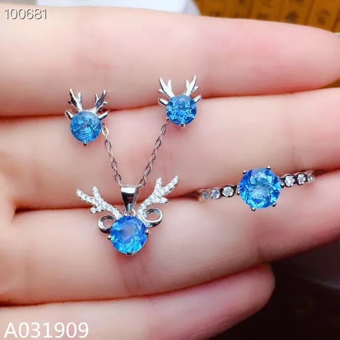 

KJJEAXCMY boutique jewelry 925 sterling silver inlaid Natural blue Topaz Necklace Ring Earring Suit Support Detection fashion