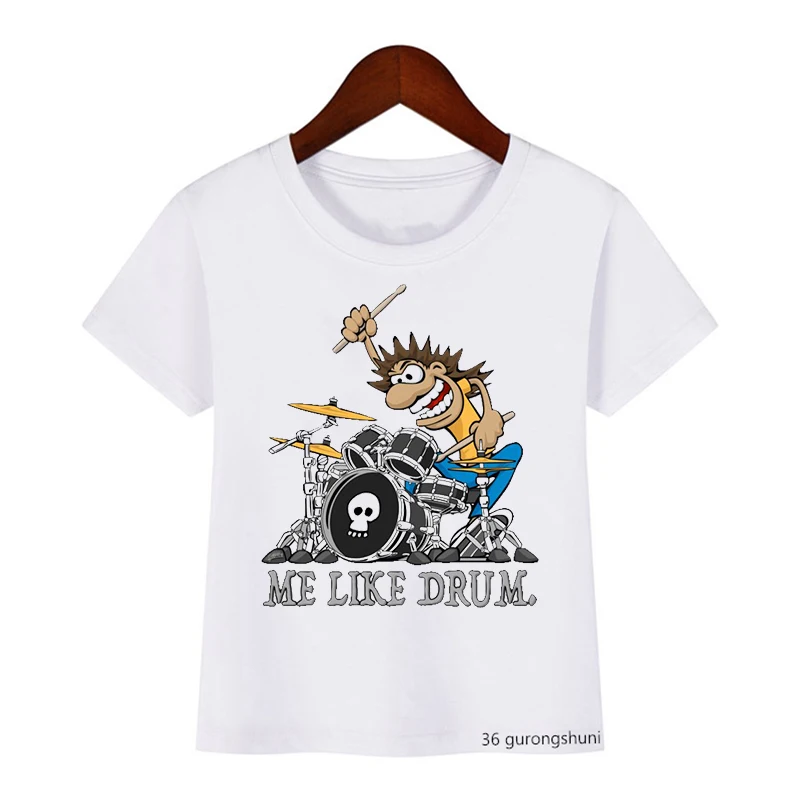 T-shirt for boys fun drumming music lover graphic print kids t shirt summer casual hiphop boy clothes white shirt tops wholesale