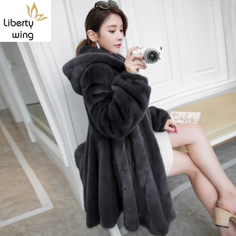 Top Quality Luxury Mink Genuine Leather Real Fur Womens Overcoats Korean Thick Warm Medium Length Hooded Coats Plus Size M-5XL