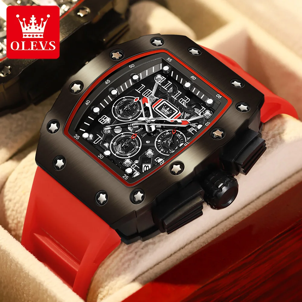 

OLEVS Top Brand Luxury Fashion Men Wristwatch Red Rubber Strap Sport Square Digital Big Dial Quartz Watches for Men Reloj Hombre