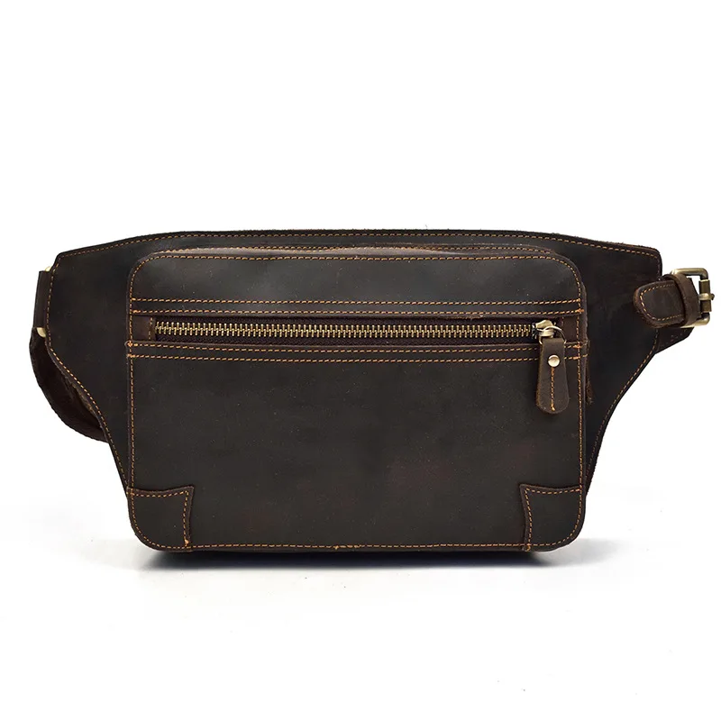 MAHEU Natrual Cow Skin Waist Bag Outing Stroll Fanny Pack Zipper Belt Bum Waist Bag Brown Genuine Leather Men Male  Waist Pack