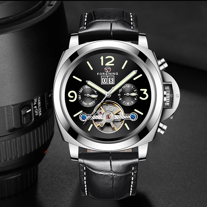 Forsining-relojes mecánicos para hombre, pulsera automática con correa de cuero genuino, calendario completo, Tourbillon, a la moda