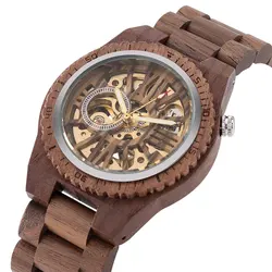 Automatic Mechanical Men Watches Natural Walnut Wood Bracelet Self Winding Wristwatch Folding Clasp Man Wooden Watch 2021 reloj