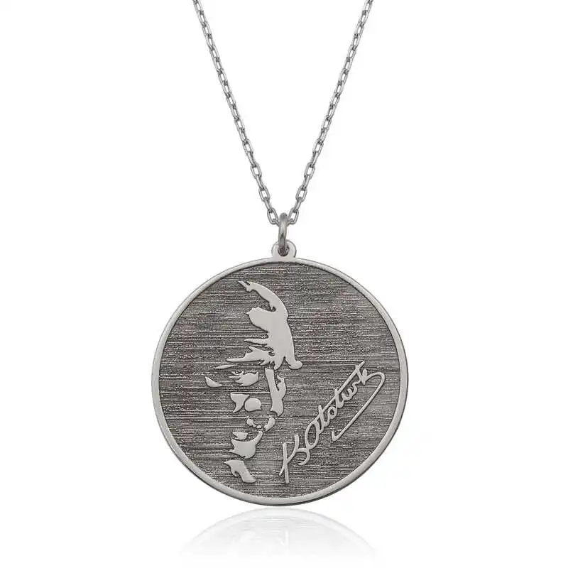 Silver Kemal Ataturk 'S Signature and Skyline Lady Necklace 925 Sterling Women Fine Jewelry Wedding Party Birthday Gift - Box - Pendant - Chain Choker - Female - Ladies - Fashion