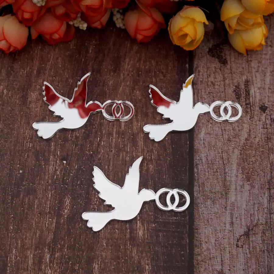 50pcs/Lot 5cm Pigeon Shape Acrylic Cutting Mirrored Dove with Cross/Rings Acrylic Tags DIY Christening Home Decoration