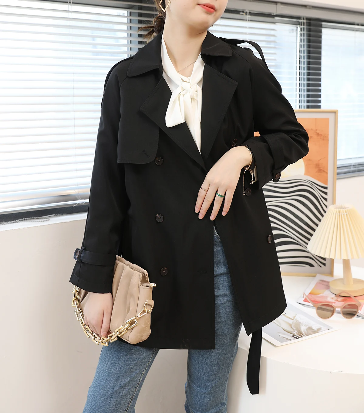 

G176 Women Short Trench Loose Fashion Office Lady Business Casual All-Match Khaki Temperament British Style Vintage Windbreaker