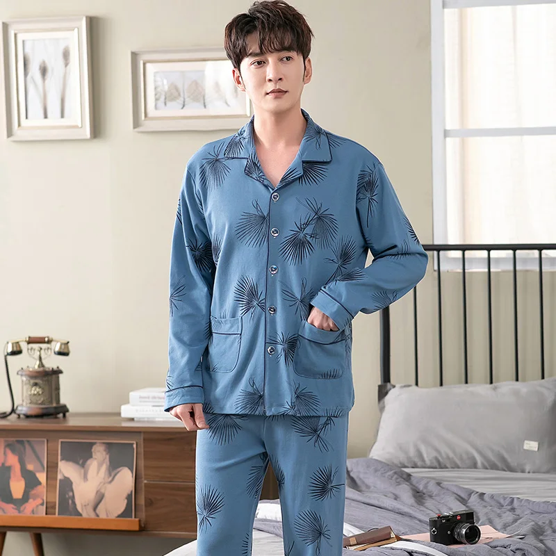 Big Yards Men's Pajama Sets Spring Autumn Man Pajamas Set Print Sleepwear Full Cotton Pajamas For Men Tops Pants Leisure Outwear