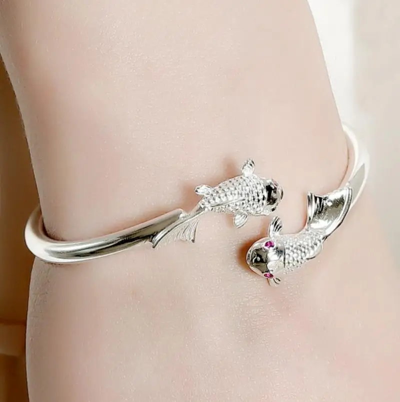 Koi Fish Bangle Cuff Bracelet for Women Korea Silver Color Lucky Bracelet Fashion Jewelry Female Beautiful Gifts