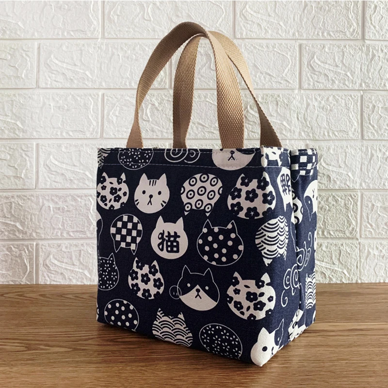 Cute Cat Pattern Canvas Portable Thermal Bag Lunch Box Student Office Worker Kawaii Bento Bag Waterproof Aluminum Foil