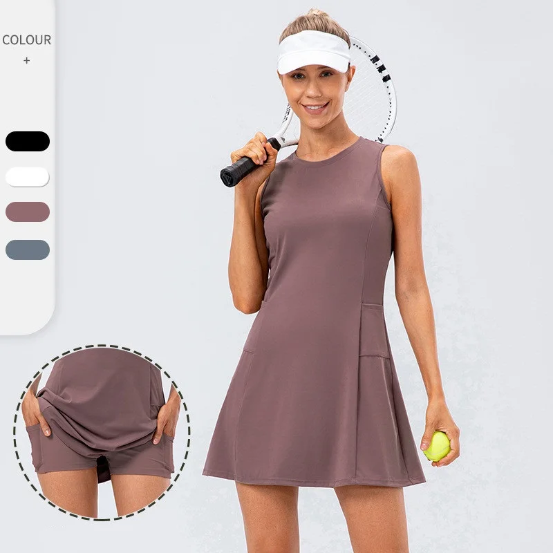 Women Fitness Sport Tennis Skirts Suit Athletic Skin One Piece Sling Golf Skirt Short Pocket Anti-glare One-piece Suit Quick Dry