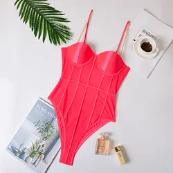 OMSJ 2024 New Fashion Club Party Metal Chain Neon Pink Lace Mesh Bodysuits Sexy High Street Women Backless Bodycon Slim Overalls