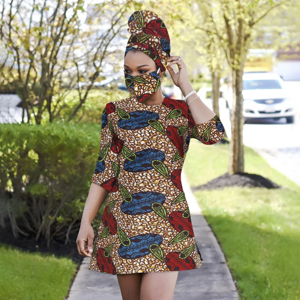 2024 African Wax Print Dress Outfit For Women Dashiki Top Shirts+Headwrap+mask Headband Traditional Party Dress Plus Size