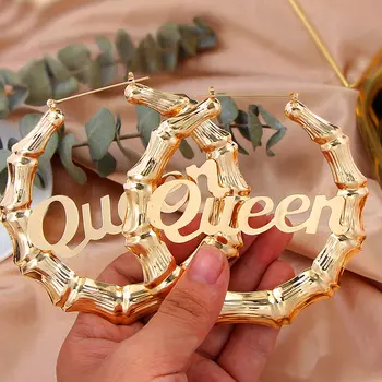 BYNOUCK nuevos pendientes de aro de bambú de acero inoxidable para niñas Punk Hip Hop letra pendientes huecos grandes colgante con palabras llamativas