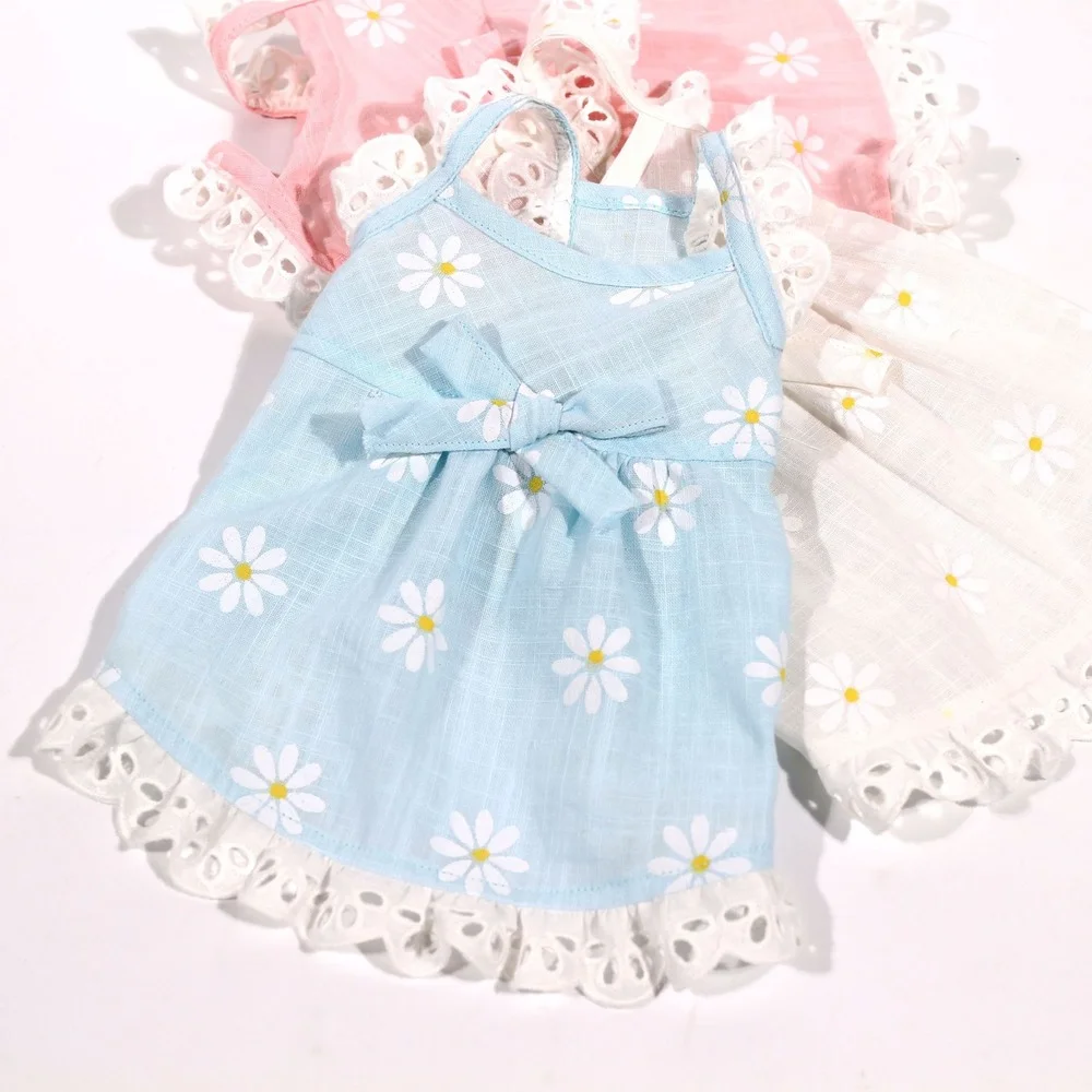 Pet Clothes Summer Clothes Linen Cotton Sling Flying Sleeve Daisy Flower Doll Skirt Pet puppy clothes cat dresses chihuahua