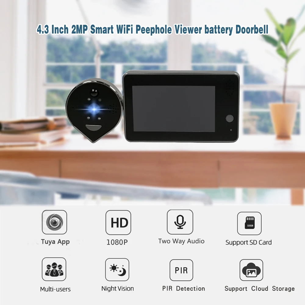 

2MP 1080P Tuya APP Беспроводной Wi-Fi дверной звонок Домофон Обнаружение движения Видеодомофон Визуальный дверной просмотрщик 120-градусная HD IP-камера