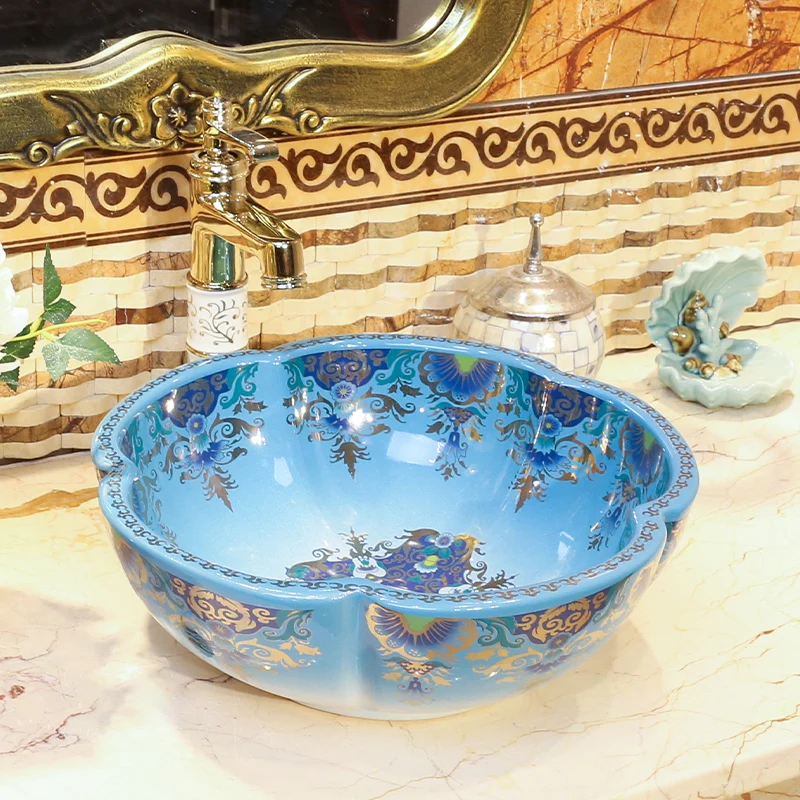 Blue Europe style China Handmade Lavabo Washbasin Artistic countertop bathroom sinks ceramic wash basin