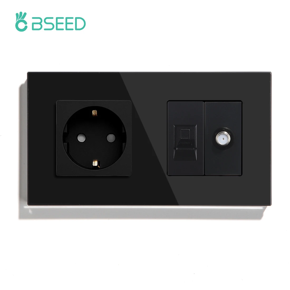 BSEED EU Standard Wall Socket With PC ST Socket Crystal Glass Panel White Black Golden CAT5 Internet Satellite Power Sockets