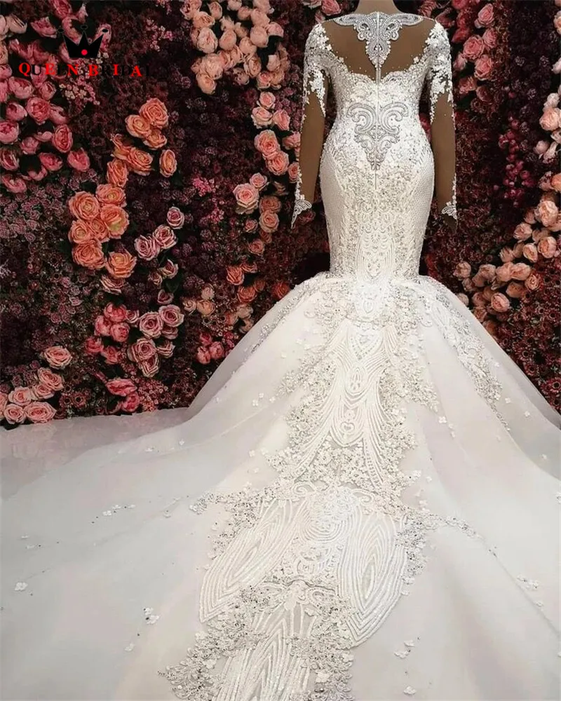 Luxury Wedding Dress Mermaid Long Sleeve Tulle Crystal Beaded Diamond 2023 New Design Muslim Bridal Dresses Custom Made SH09