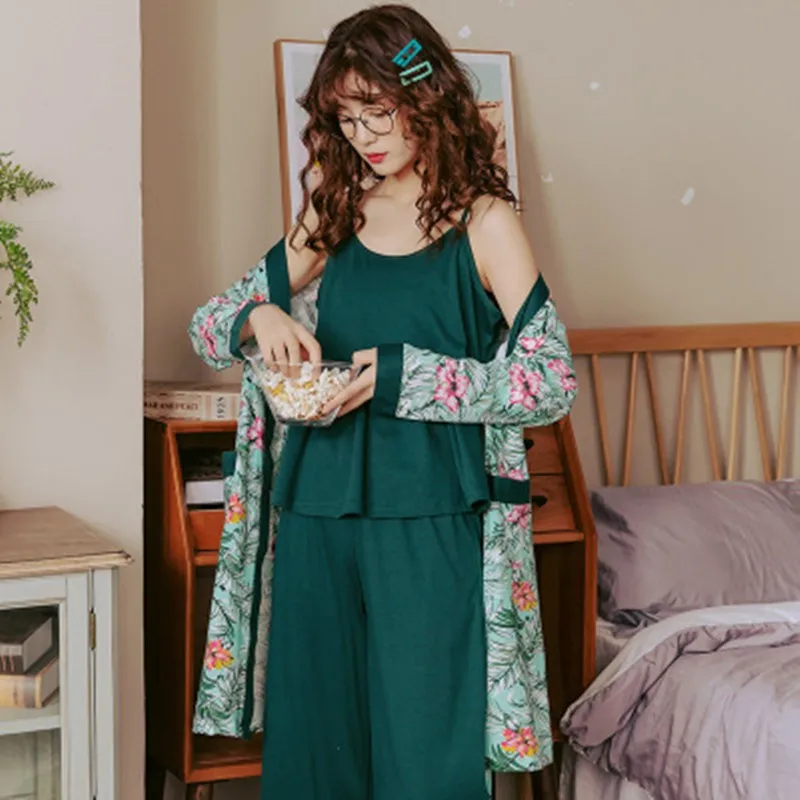 Pijama de tres piezas para mujer, ropa de casa Sexy de primavera y otoño, con tirantes, holgada, de algodón puro, de gran tamaño, 100Kg