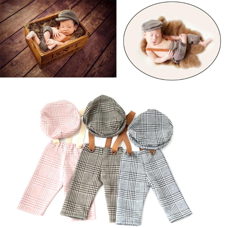 Baru Lahir Topi Datar Set Laki-laki Overall untuk Foto Menembak Bebe Fotografi Pakaian Celana Tali Ikat Tali Foto Bayi Fotografi Alat Peraga