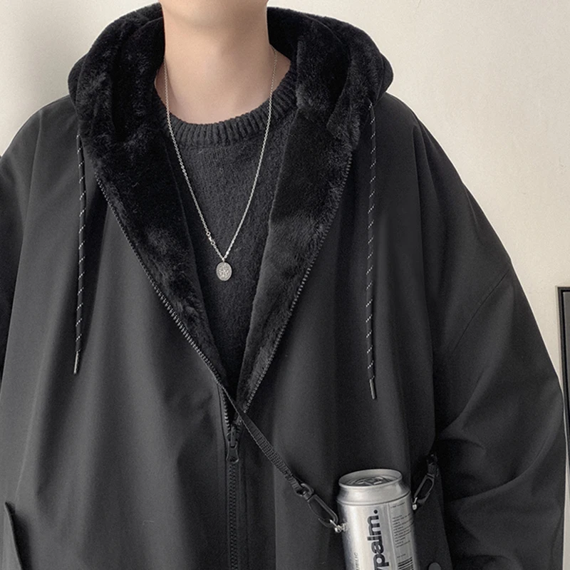 Mauroicardi Winter Oversized Black Warm Thick Parka with Fur Inside Hood Long Sleeve Korean Fashion Men 2021 Reversible Fur Coat