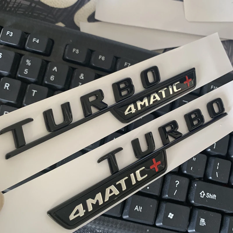 Car Styling Turbo Supercharge Fender Badge Sticker 2016-2019 Font Flat Letters Emblem for TURBO 4MATIC + Red Plus