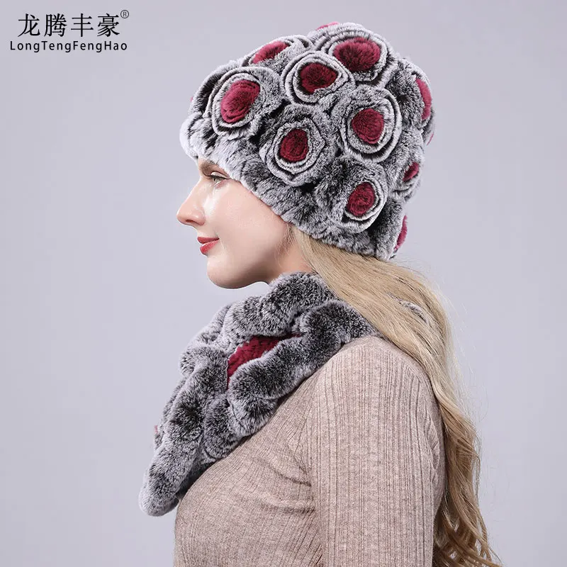 Women\'S Winter Rex Rabbit Fur Scarf Hat Set Ladies Thicken Warm Genuine Leather Hair Rose Hat And Scarf Free Shipping