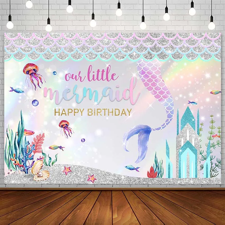 

Avezano Girl Birthday Banner Little Mermaid Photography Backdrops Princess Castle Shell Underwater World Background Photozone