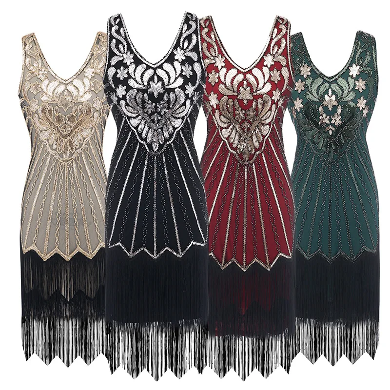 

Women 1920s Flapper Dress Great Gatsby Costumes O-Neck Cap Sleeve Sequin Fringe Party Midi Prom Dresses Vestido De Verano