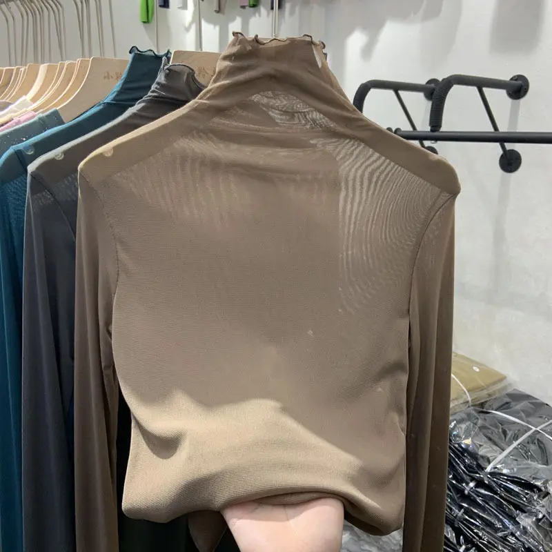 Black Sexy Women Blouses See Through Transparent Mesh High Neck Long Sleeve Skinny Blouse Shirt Lady Top T-shirt  Spring Cloth