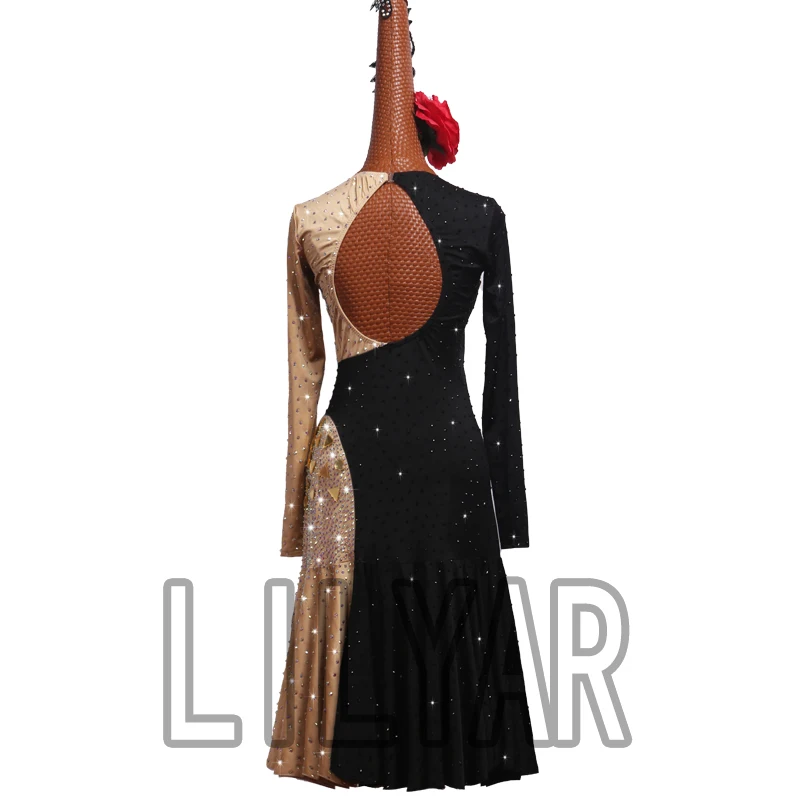 New Latin Competition  Performance  Adult Light Long-Sleeved Color Matching Diamond Dance Dress