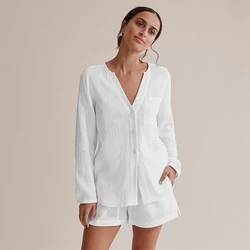 Hiloc Pocket White Sleepwear abiti in cotone con pantaloncini allacciatura femminile maniche lunghe Set donna 2 pezzi scollo a v donna pigiama primavera