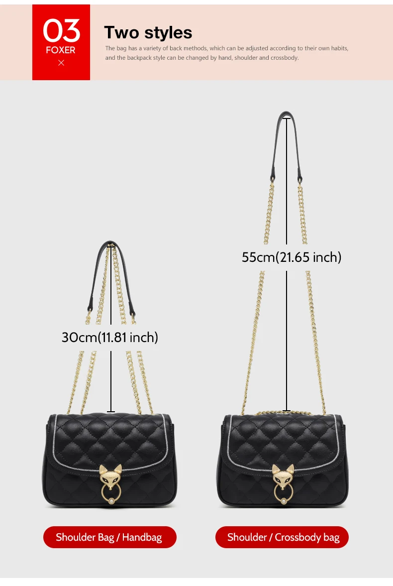 FOXER Damen-Umhängetasche aus Spaltleder mit Kettengurt, Elegante Klassische Crossbody-Tasche mit Rautenmuster, Damen-Messenger-Taschen – Detail 6