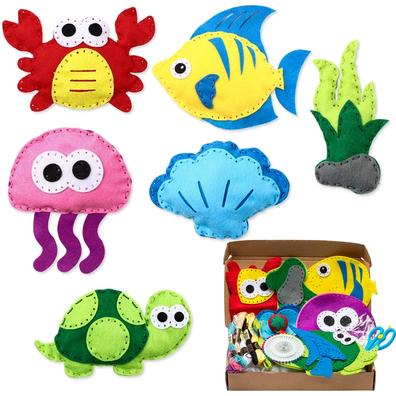 6Pcs Ocean Animals Sewing Kit Make Your Own Crabs Jellyfish Turtles Seaweed Shells Fish Perschool Felt Craft Kit Soft For Kids