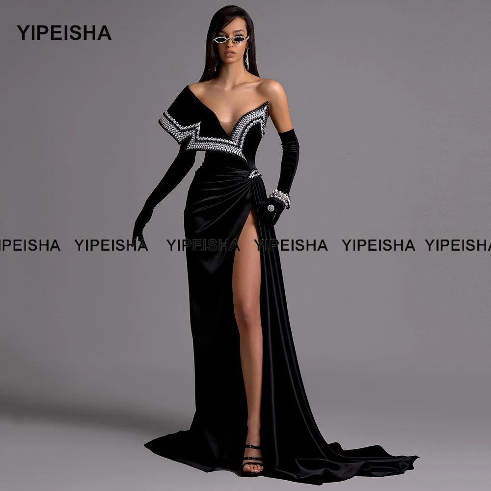 Customized Asymmetric Velour Prom Dress Pearls High Slit Pageant Dress Mermaid Black Velvet Evening Gown Robe de Soiree