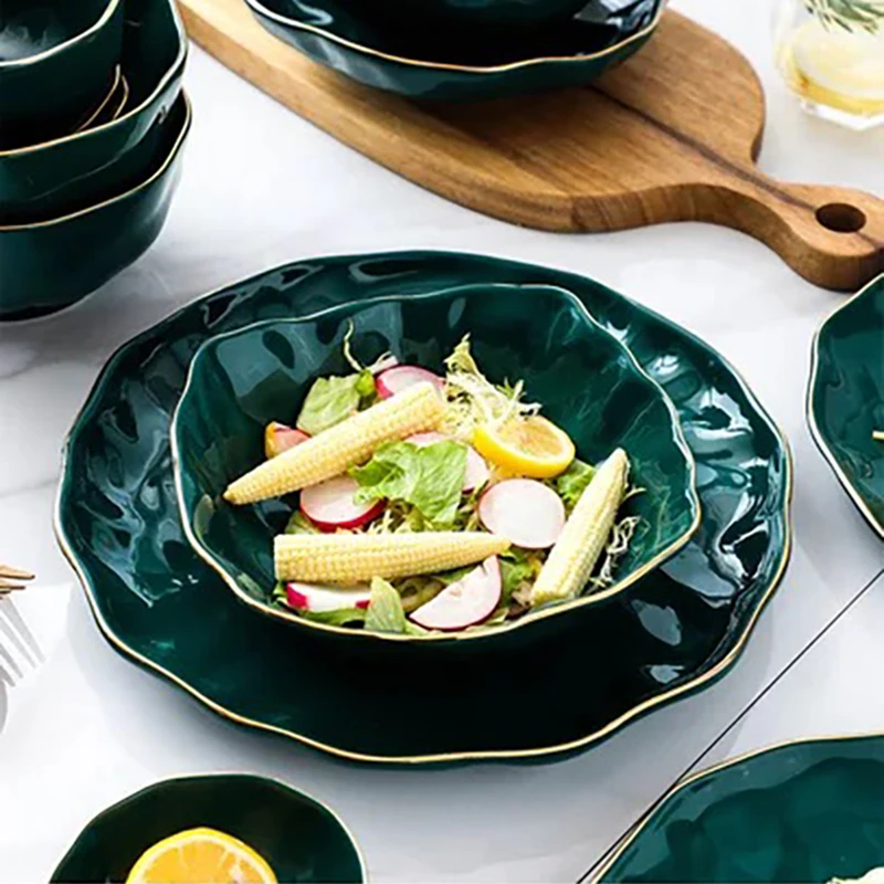 High-grade Phnom Penh Green Ceramic Plates Ceramic Tableware Set Phnom Penh Plate Shaped Salad Bowl Home Kitchen Tableware