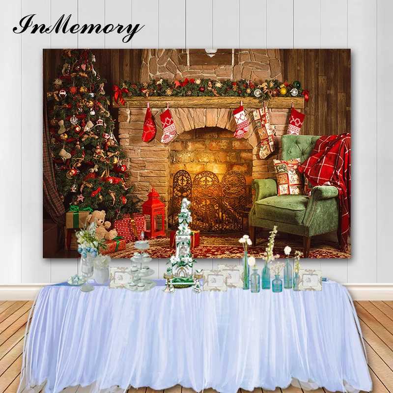 InMemory Family Holiday Photography Banner Christmas Backdrop Fireplace Gift Christmas Stocking Photo Background Vinyl Props