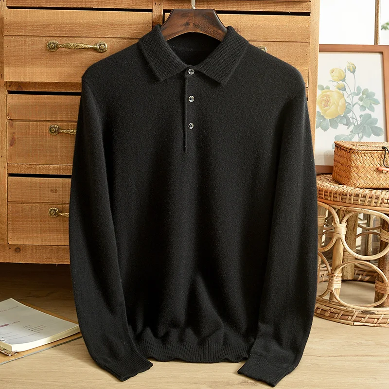 Winter 100% pure cashmere sweater men's lapel bottoming long-sleeved T-shirt solid color business middle-aged father sweater top