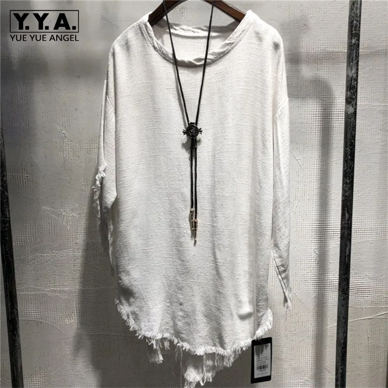 Harajuku Mens Summer Casual Cotton Linen T-shirt O Neck Half Sleeve Tassels Loose Fit Irregular Male Tees Tops Pullover T-shirts