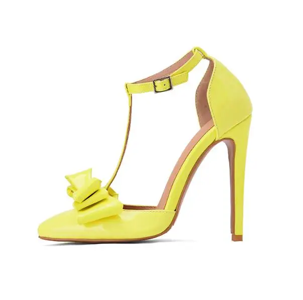 Carpaton Lemon Patent leather High Heel Shoes Woman Pointed Toe T-strap Thin Heels pumps Butterfly-knot Party Dress Shoes