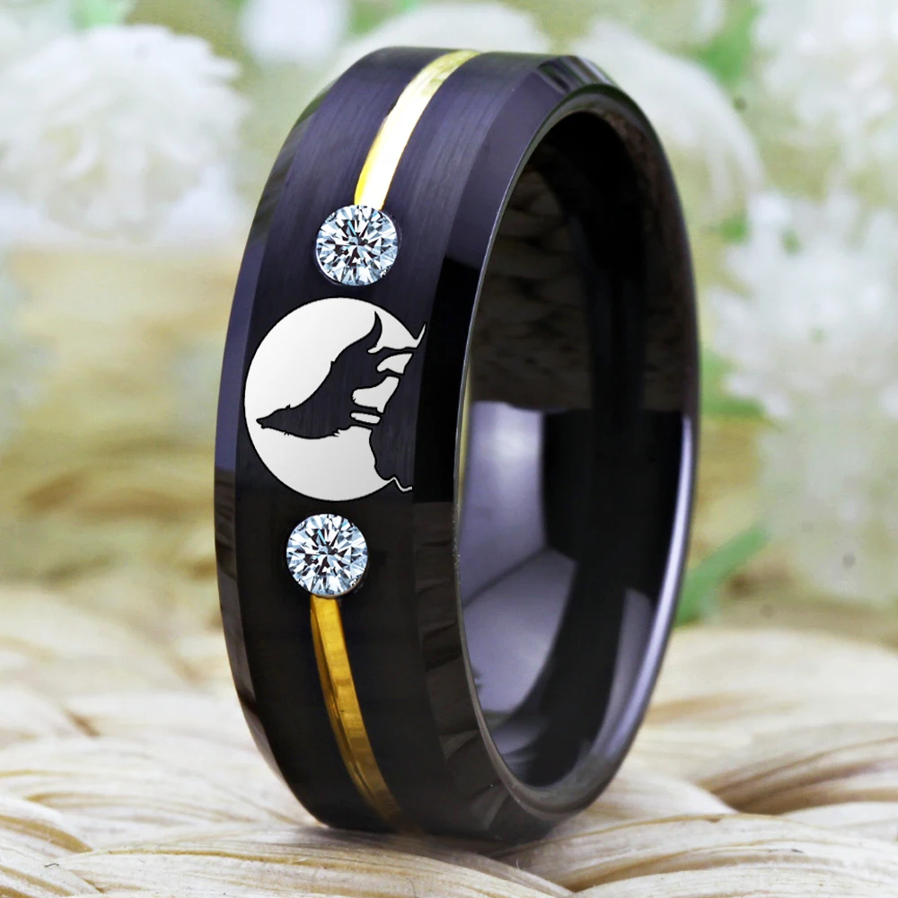 Tungsten Wolf Rings For Men Lone Wolf Howling Moon Ring Men's Weding Band Engagement Odin Symbol Rings Male Finger Jewelry