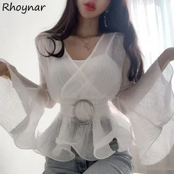 Blouse Women Sashes Solid Temperament Fashion All-match Slim V-neck Summer New Breathable Vintage Flare Sleeve Lady Korean Style