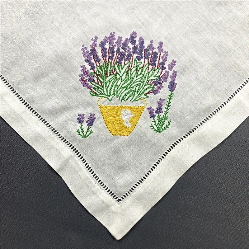 Set von 12 Taschentücher Abendessen Servietten weiß Hemstitched leinen Servietten/Tischsets/Handtücher mit Farbe Gestickte Blumen