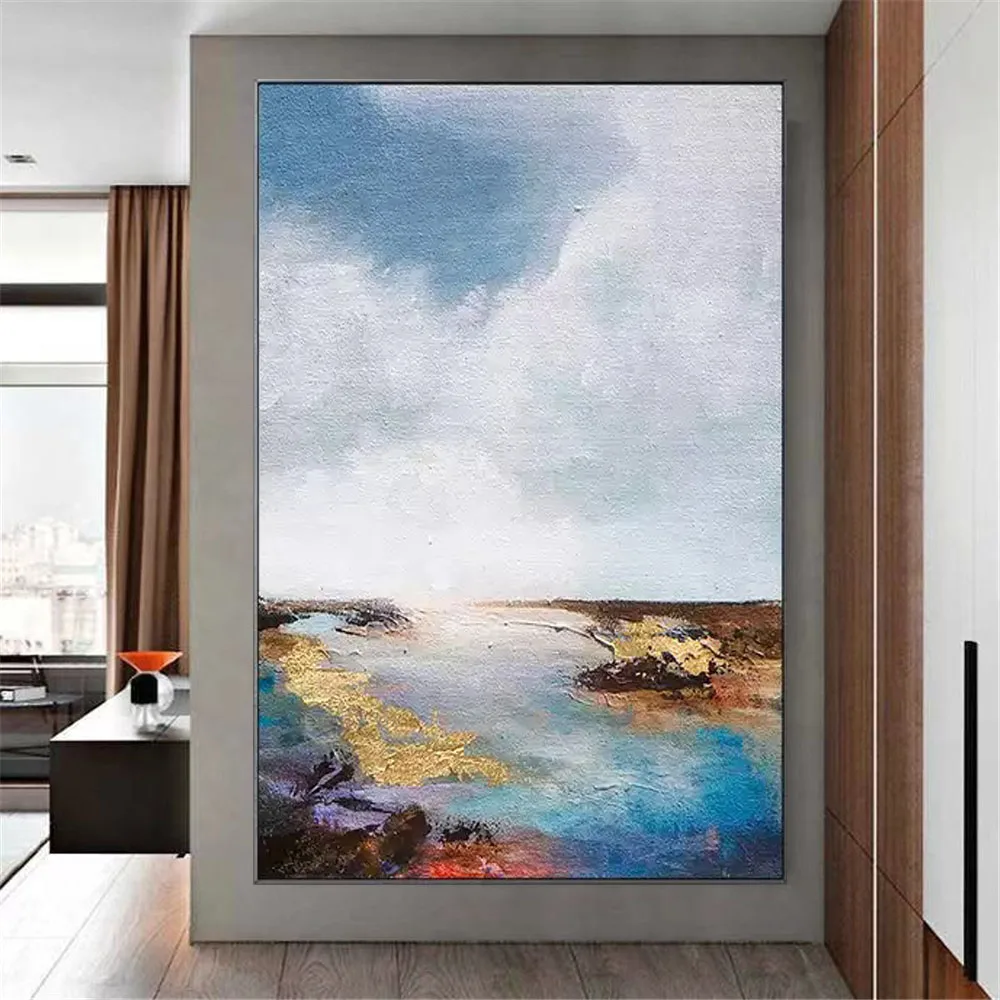 Latest Natural landscape picture hand-painted oil painting gold and blue Canvas Picture Modern salon mural for Living Room Decor